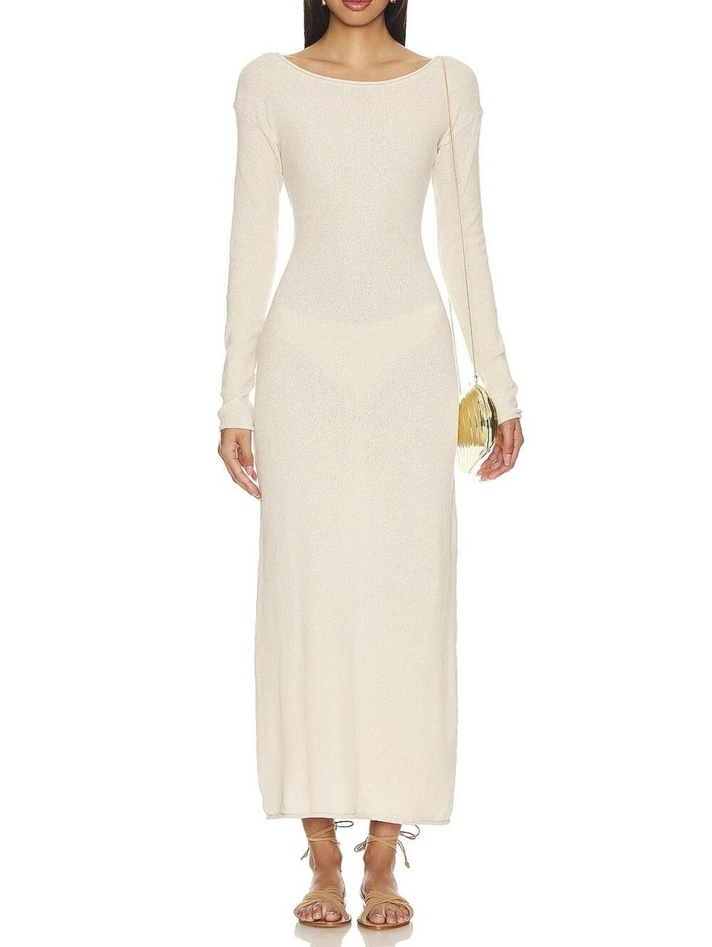 ONIA Sandshell Ivory Knit Cutout Cross Back Long Sleeve Maxi Dress Size XS